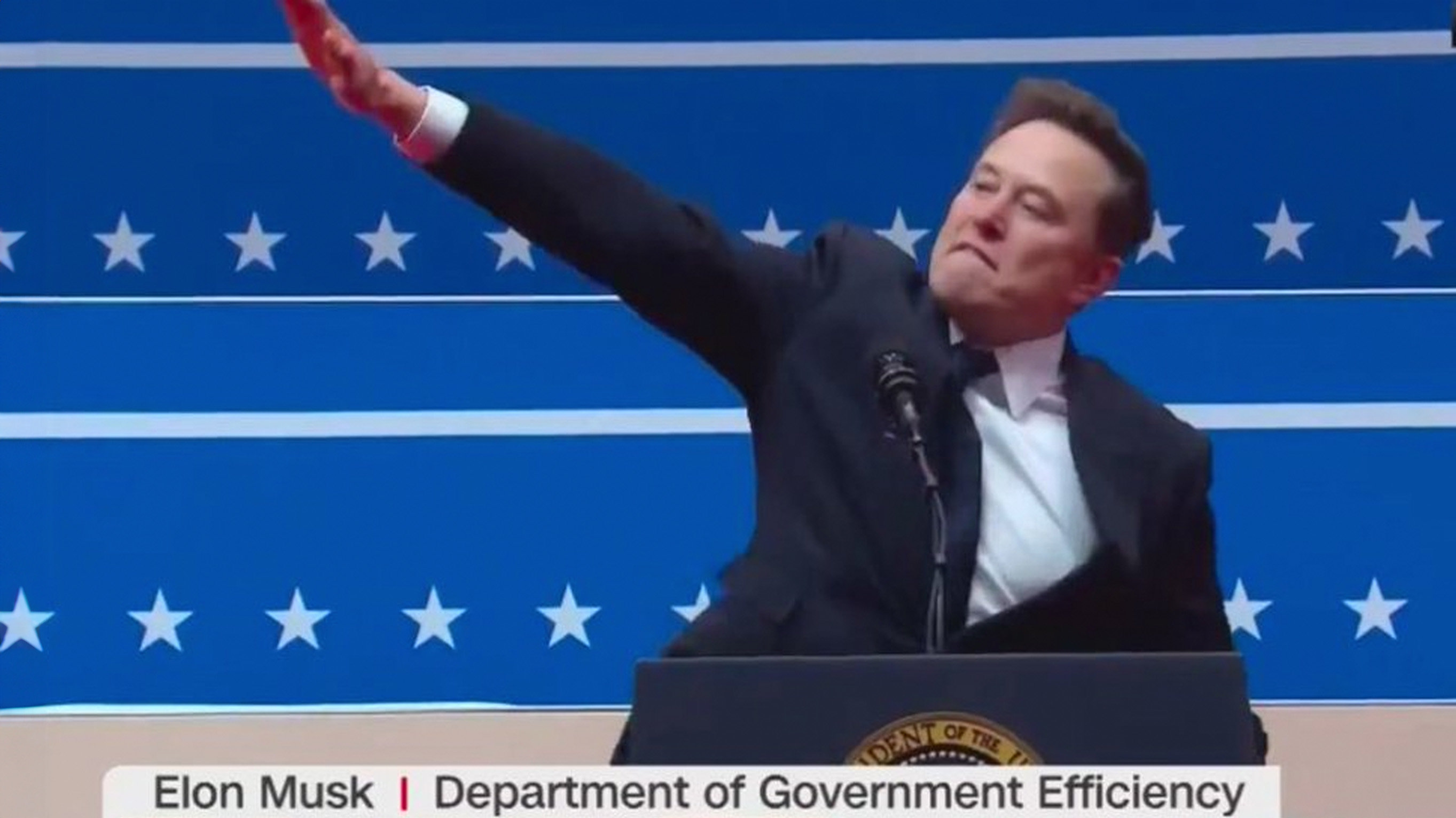 Elon musk, passionately hitting a Sieg Heil at the end of his speech on inauguration day, which he went on to do again just moments later.