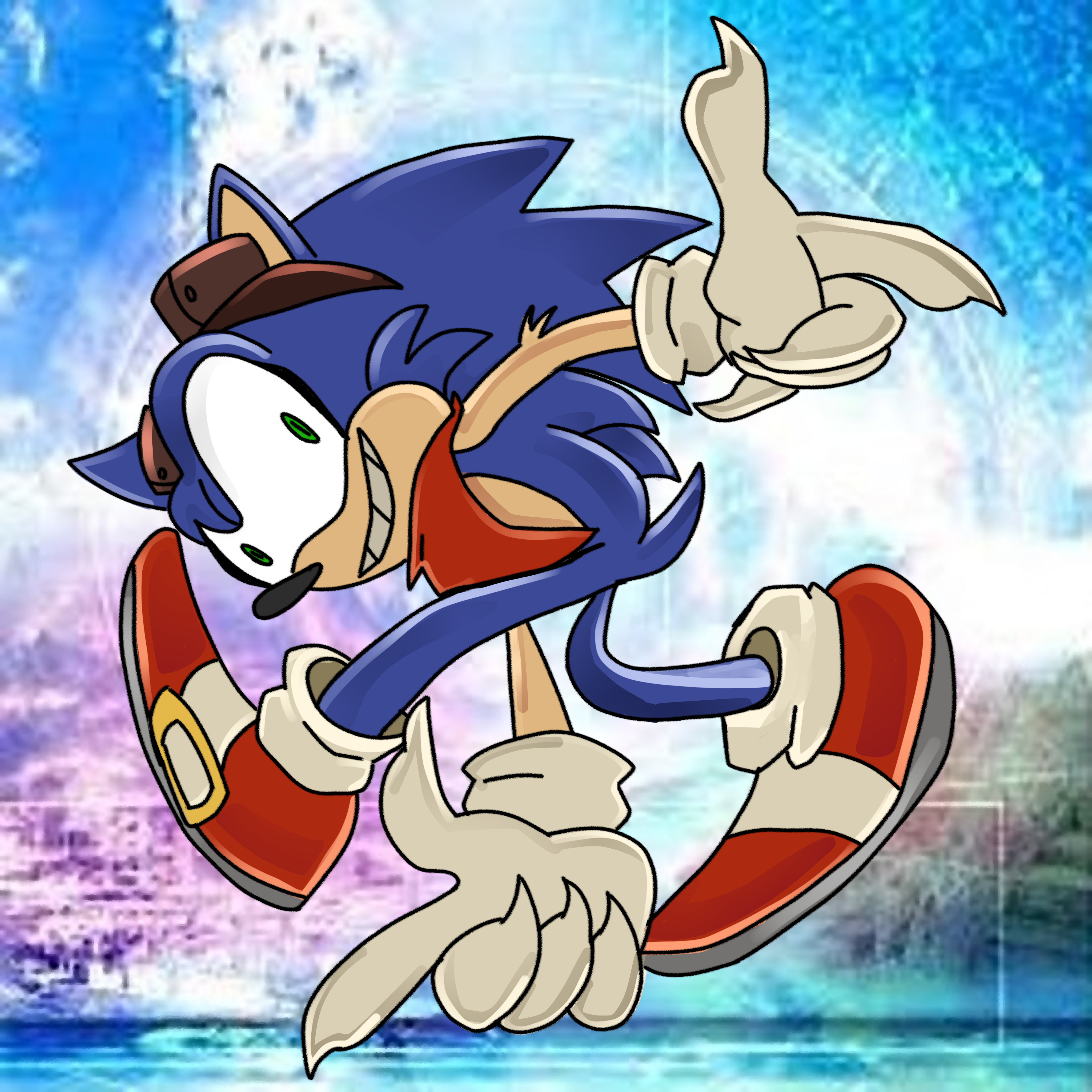 An uncanny version of Sonic the Hedgehog doing the iconic pose where he's pointing at you from under his torso.